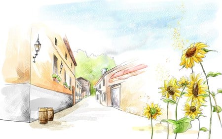 Bright Sunflowers - sunflowers, street, buildings, walkway