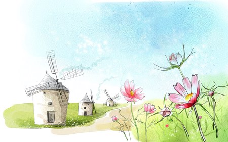 Windmill Lane - windmills, blue sky, flowers, grass, lane