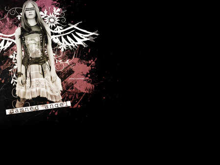 Damned Angel~Avril Lavigne - pretty, pink, black, flowers, wings, white, music, woman, angel