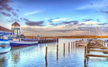 Boats docked - lighthouse, boats, blue