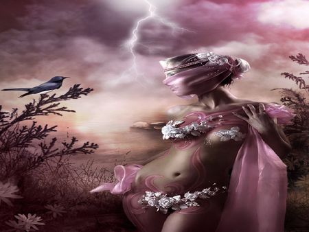 Pink Lady - skin, women, costume, sky, body, female, people, fine art, veils, black, elegant, fantasy, white, painting, brown, art, cool, clouds, figure, woman girls, belly, birds, lady, girl, 3d cg, bird, abstract, pink, beautiful, leaves