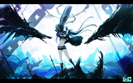 Unstoppable - black rock shooter, glowing eye, anime, chains, sword