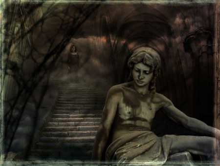 Gothic Dreamscape - stairs, woman, foilage, statue, dark, night, gothic