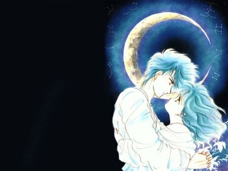 Evening under the moon! - moon, anime, blue, evening, night, love