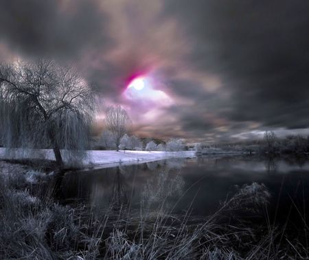 winter magic - lake, clouds, snow, sun, winter