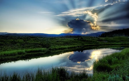 Green Meadow - nature, river, sun, clouds, skies, green meadow