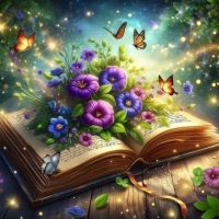 Open book with flowers and butterflies