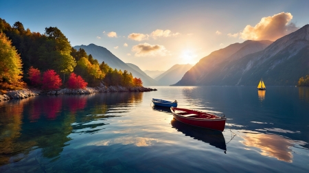 Boat on the autumn lake - csonak, hegyek, napfeny, osz, oszi fak, oszi levelek, oszi szinek, tavacska, termeszet