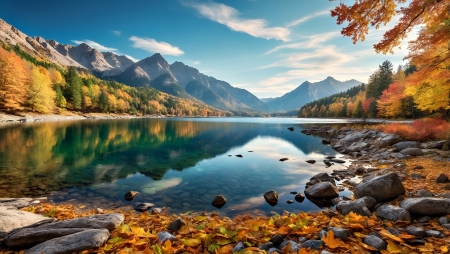 Mountain landscape in autumn colors - bekes tavacska, evad, hegyek, levelek, osz, oszies, tajkep, termeszet