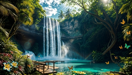 Calm tropical waterfall with lush vegetation - fak, novenyzet, nyugodt medence, pillangok, terasz, tropusi vizeses, viragok, zuhatag