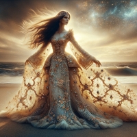 A charming girl in a heavenly lace gown dances on the sandy beach