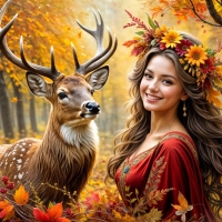 Deer with a girl in the forest