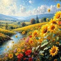 Sunflowers by the river