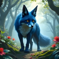 Mystical Blue Fox in a Lush Forest