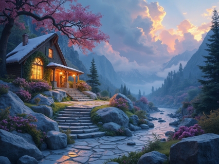 Beautiful stone landscape with a house - epiteszet, erdo, fak, haz, hegyek, kotaj, lepcsok, sziklak, tajkep, viragok