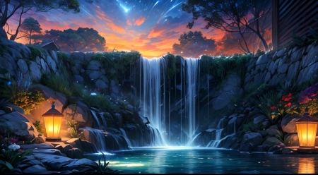 Waterfall at night with lanterns - bekes vizeses, egbolt, ejszaka, felhok, lampasok, novenyzet, sziklak, viragok, zuhatag
