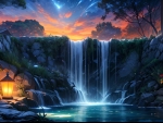 Waterfall at night with lanterns