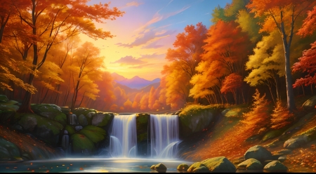 Autumn waterfall - bekes vizeses, egbolt, evad, felhok, kovek, nyugodt, oszi fak, oszi levelek, oszi lombozat, tajkep