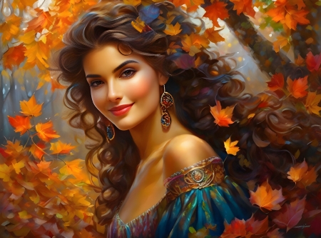 Smiling woman among autumn leaves - evad, gondor haj, lany, mosolyog, novenyzet, osz, oszi fak, oszi levelek, termeszet