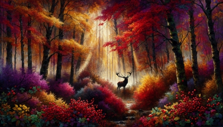 Deer in the autumn forest - bogyok, erdo, evad, napfeny, osz, oszi erdo, oszi fak, oszi lombozat, szarvas, szines levelek