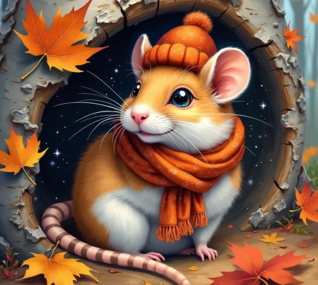 Charming Mouse in Autumn Wonderland - allat, eger, evad, osz, oszi levelek, ragcsalo, sapka