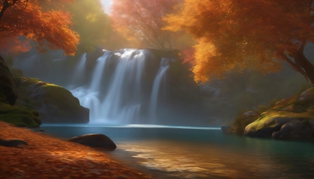 Autumn forest waterfall - bekes, bekes vizeses, erdo, evad, levelek, napfeny, osz, oszi erdo, oszi fak, oszi szinek