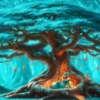 Enchanted Turquoise Copper Tree with Elf Resting Beneath