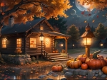 A cabin with pumpkins and lanterns