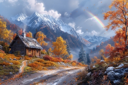 View of the mountain landscape - haz, hegy taj, hegyek, kovek, oszi fak, oszi levelek, oszi szinek, oszi taj, szivarvany, ut