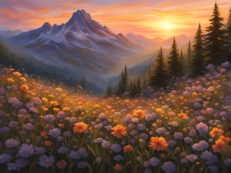 Sunrise over the mountain peak - erdo, fenyok, hegyek, napkelete, novenyzet, ret, termeszet, viragok