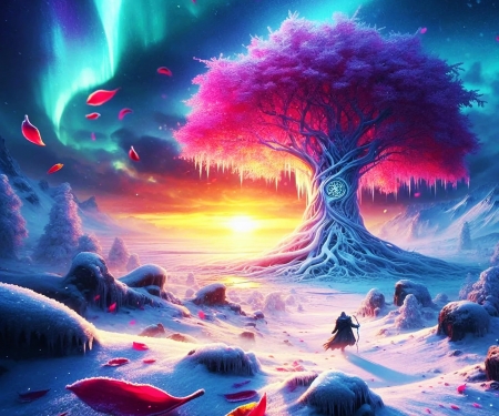 Tree Of Time - artwork, aurora, digital, rocks, snow, sun