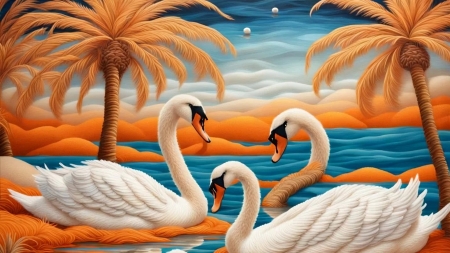 Mysterious - artwork, birds, colorful, digital, lake, palm trees, swans