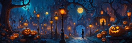 Halloween night on the town - ejszak, evad, fenyek, halloween, lampasok, levelek, osz, telihold, tok, varos, vilagitas