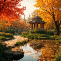 Japanese pavilion by the lake in autumn