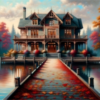 A Victorian mansion beside a tranquil lake with vibrant autumn trees