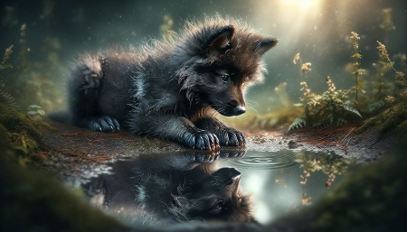 A young wolf cub looks at his reflection - erdei kornyezet, farkas, fiatal, kolyok, meseszeru, napfeny, nez, tukorkep