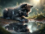 A young wolf cub looks at his reflection