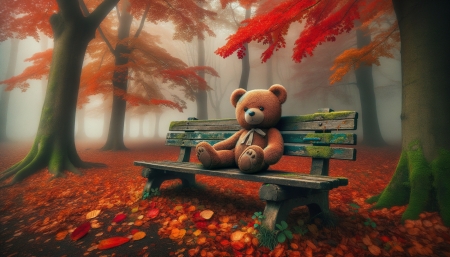 Teddy bear on the bench in the autumn foggy forest - erdo, evad, jatek, kodos, lomb, maci, osz, oszi fak, oszi levelek, oszi szinek, padok, park, ules