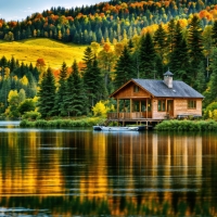 Cabin by the mountain lake