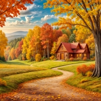 Peaceful cottage in autumn forest