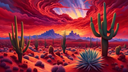 Desert view - artwork, cacti, clouds, colors, digital, mountains, sky, sunset