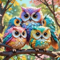 Cute colorful fluffy owls sitting on a branch.