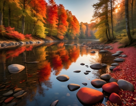 Autumn by the river - erdo, kovek, osz, oszi fak, oszi lombozat, oszi szinek, taj