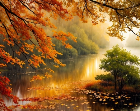 Golden autumn rain - eso, folyo, novenyek, osz, oszi fak, oszi levelek, oszi szinek, termeszet