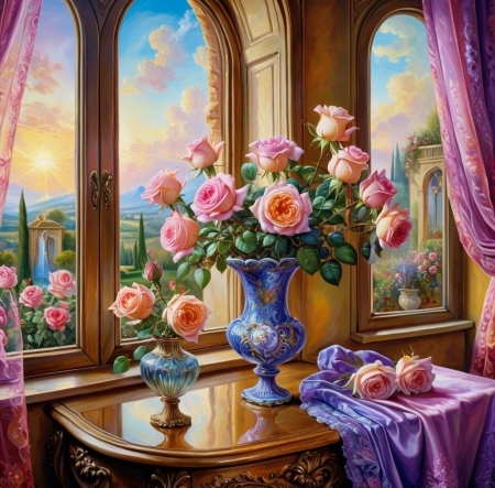 Bouquet of Roses - bouquet, roses, vase, window