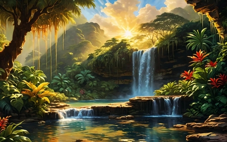 A serene, clear pond at the base of a cascading waterfall - artwork, digital, mountains, plants, rocks, stones, water