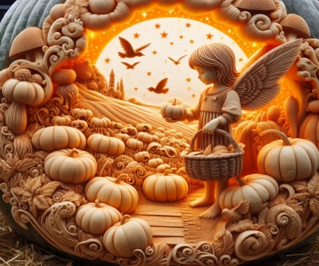 Pumpkin harvest - angel, art, birds, digital, pumpkins