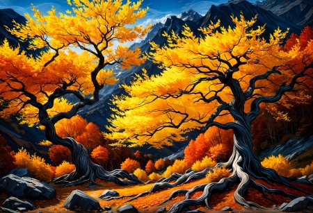 Golden autumn trees - hegyek, osz, oszi fak, oszi lombkorona, oszi szinek, tajkep