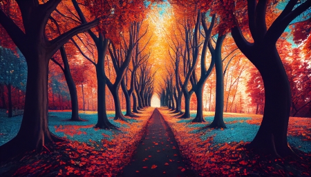 Autumn forest road with colorful leaves - elenk szinek, festoi taj, osveny, oszi erdo, szokszinu levelek, ut