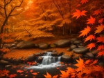 A waterfall in the middle of the forest with red leaves